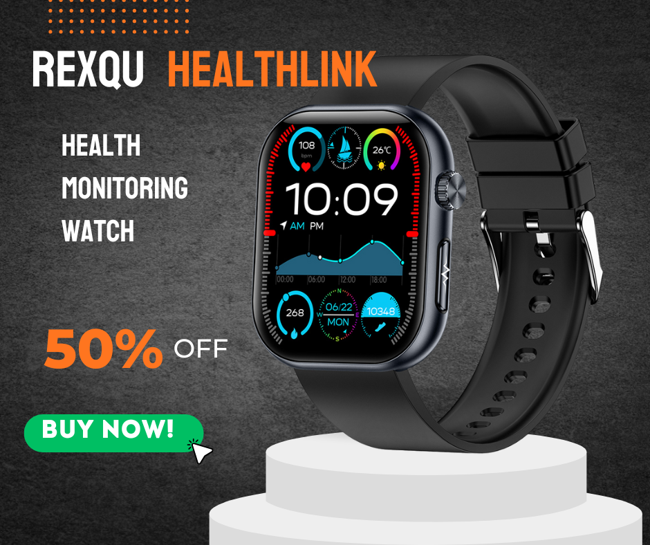 REXQU HealthLink, a daily health monitoring watch with ECG shown on its 1.95-inch AMOLED display