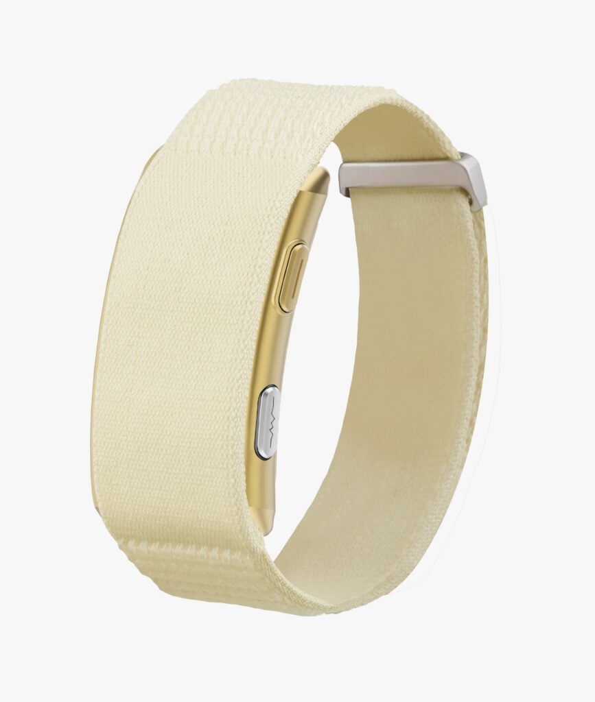 REXQU PulseBand, a screenless fitness tracker blood oxygen monitor, shown on a wrist
