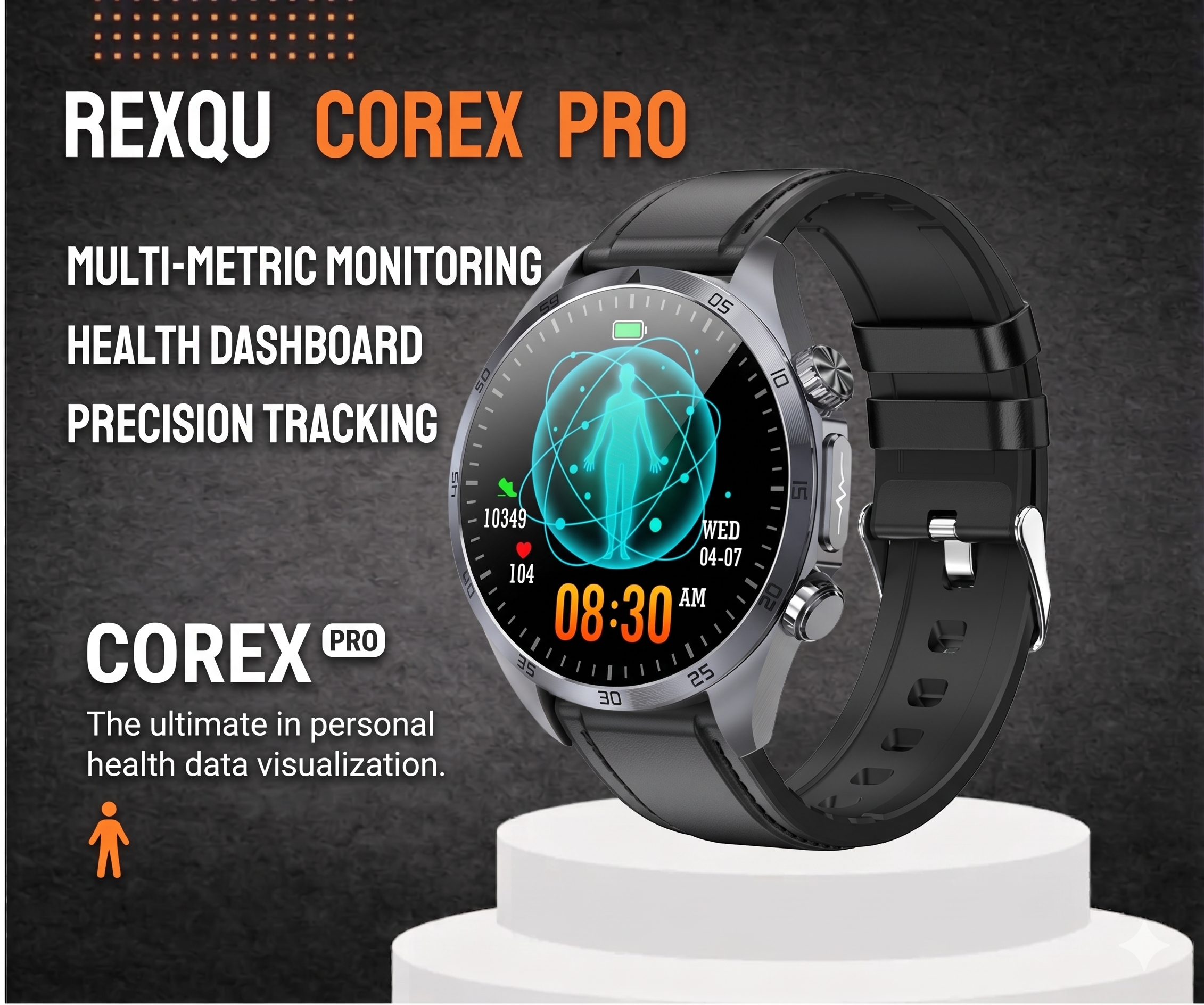 Blood pressure smartwatch stress tracking shown alongside heart rate on the REXQU CoreX Pro display