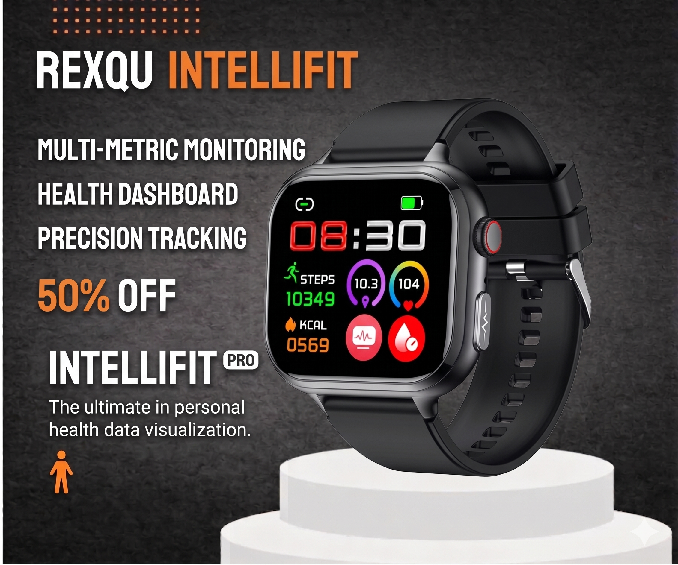 Daily health monitoring watch sleep tracking readout on the REXQU IntelliFit display