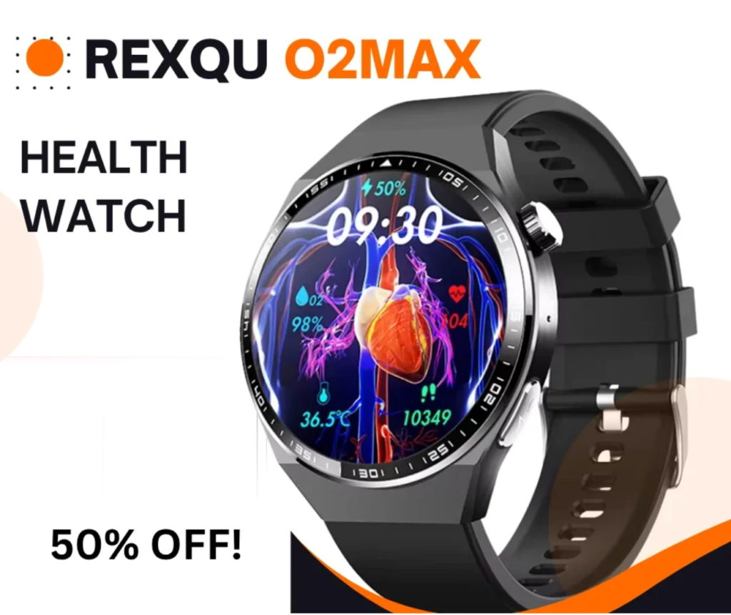 REXQU O2Max, a smartwatch for seniors with ECG and blood oxygen monitoring, showing a reading