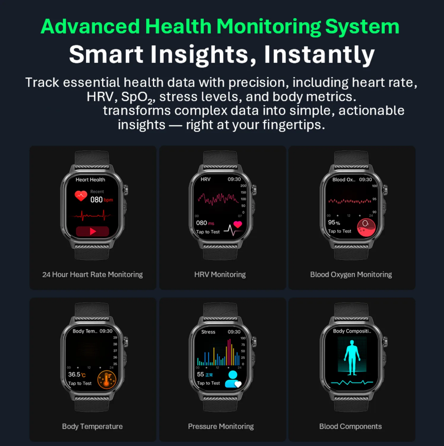 Advanced health monitoring on the REXQU AetherX — heart rate, HRV, SpO2, temperature and stress