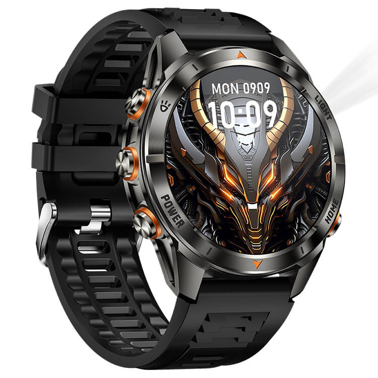 REXQU FlareTrail rugged smartwatch with LED flashlight and Bluetooth calling