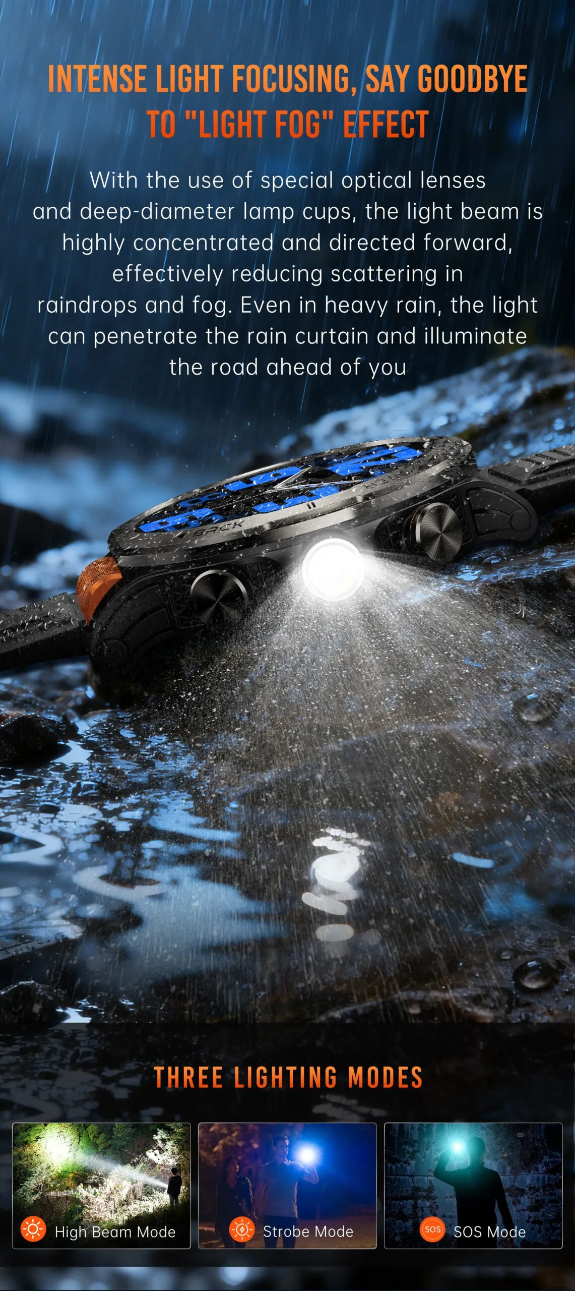The REXQU EnduroBeam flashlight cutting through rain with a focused beam