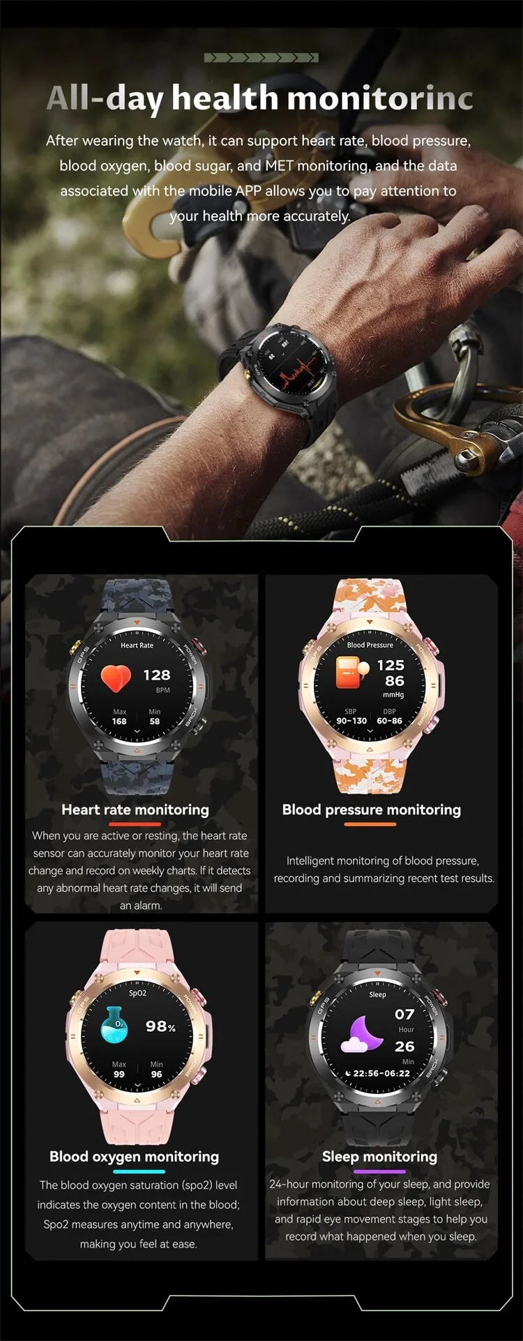 REXQU Adventurer GPS outdoor watch with all-day blood pressure monitoring