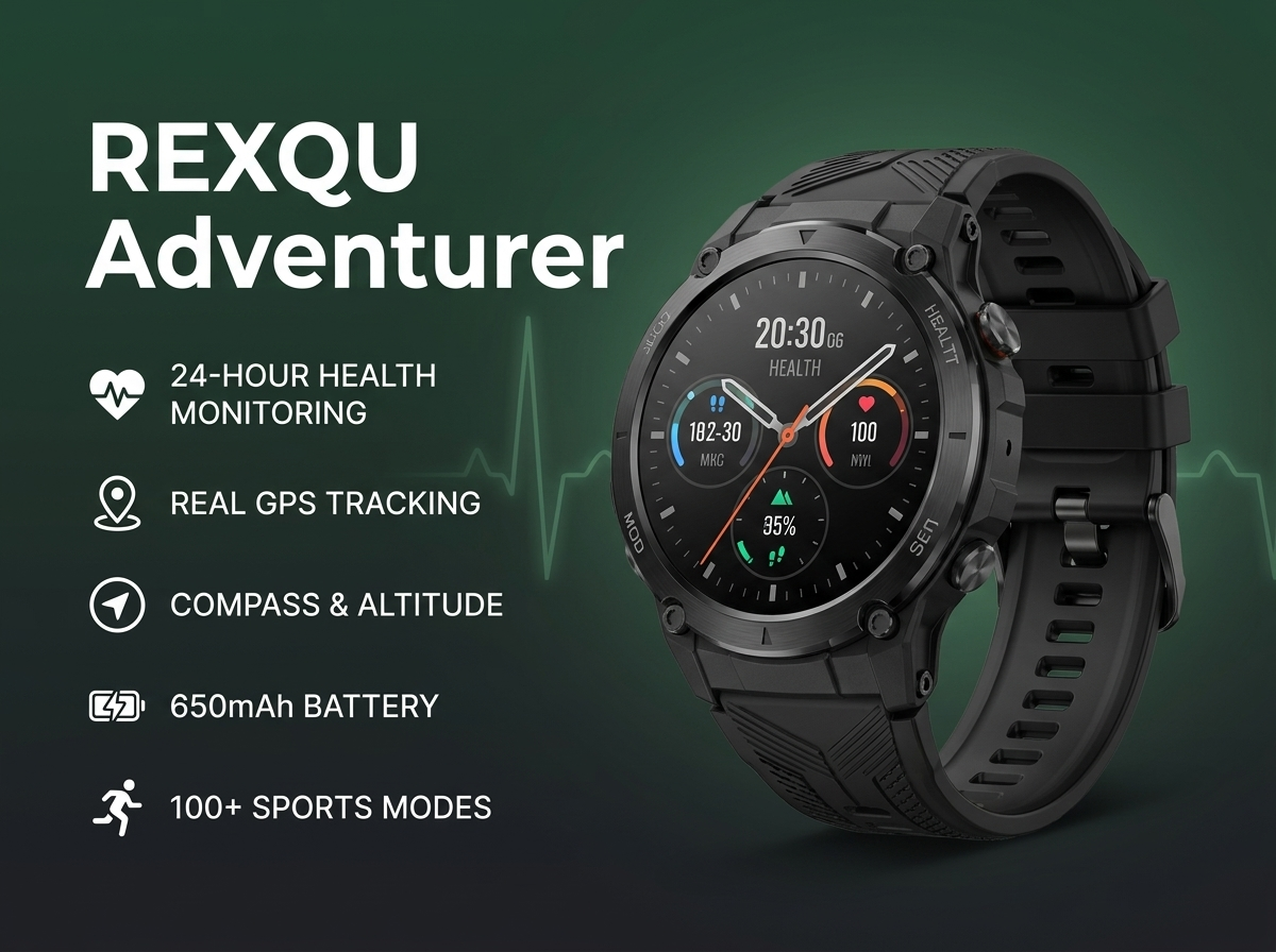 REXQU Adventurer rugged GPS outdoor smartwatch with compass and health monitoring