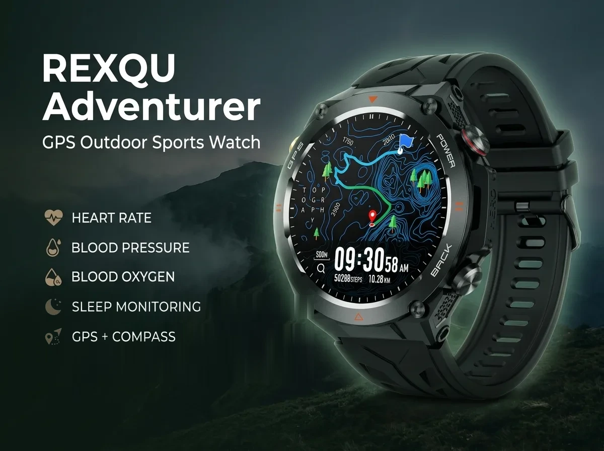 REXQU Adventurer rugged GPS outdoor smartwatch with compass and health monitoring