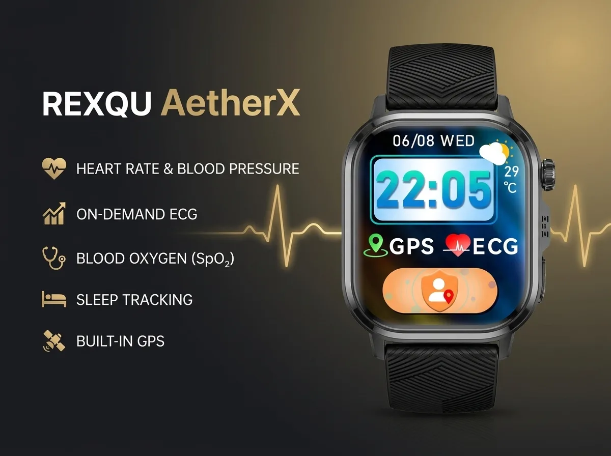 REXQU AetherX luxury health smartwatch — ECG, GPS, blood oxygen and body temperature