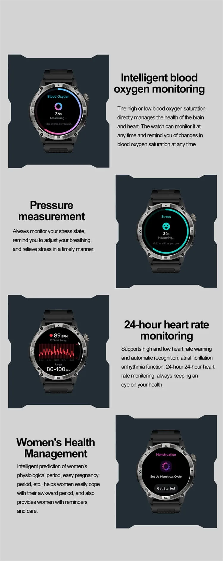 REXQU AltiTrek blood oxygen, pressure measurement, 24-hour heart rate and women's health