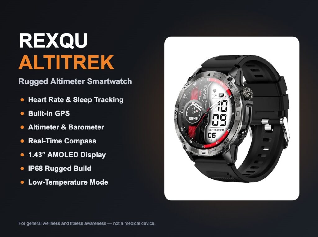 REXQU AltiTrek, a smartwatch for cold weather hiking with Low-Temperature Mode, altimeter and compass