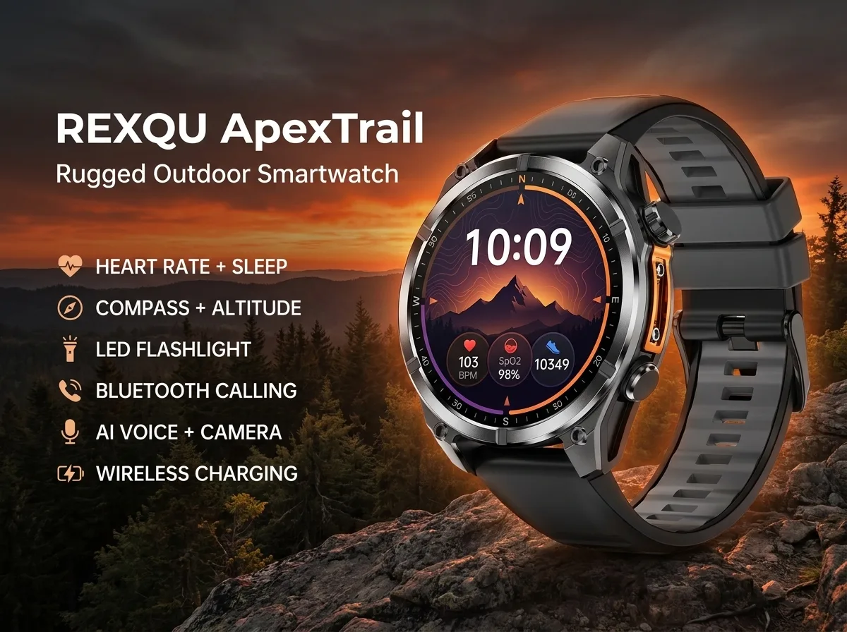 REXQU ApexTrail rugged AMOLED smartwatch with flashlight and compass