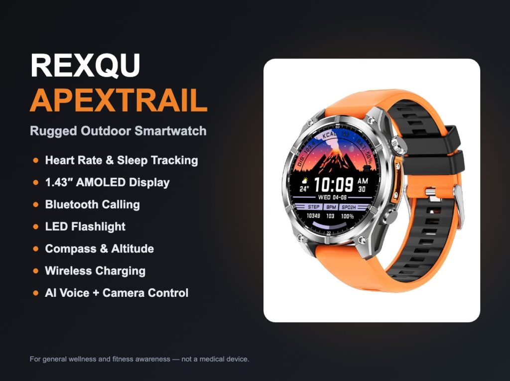 REXQU ApexTrail, a smartwatch for night trail running with built-in LED flashlight and compass