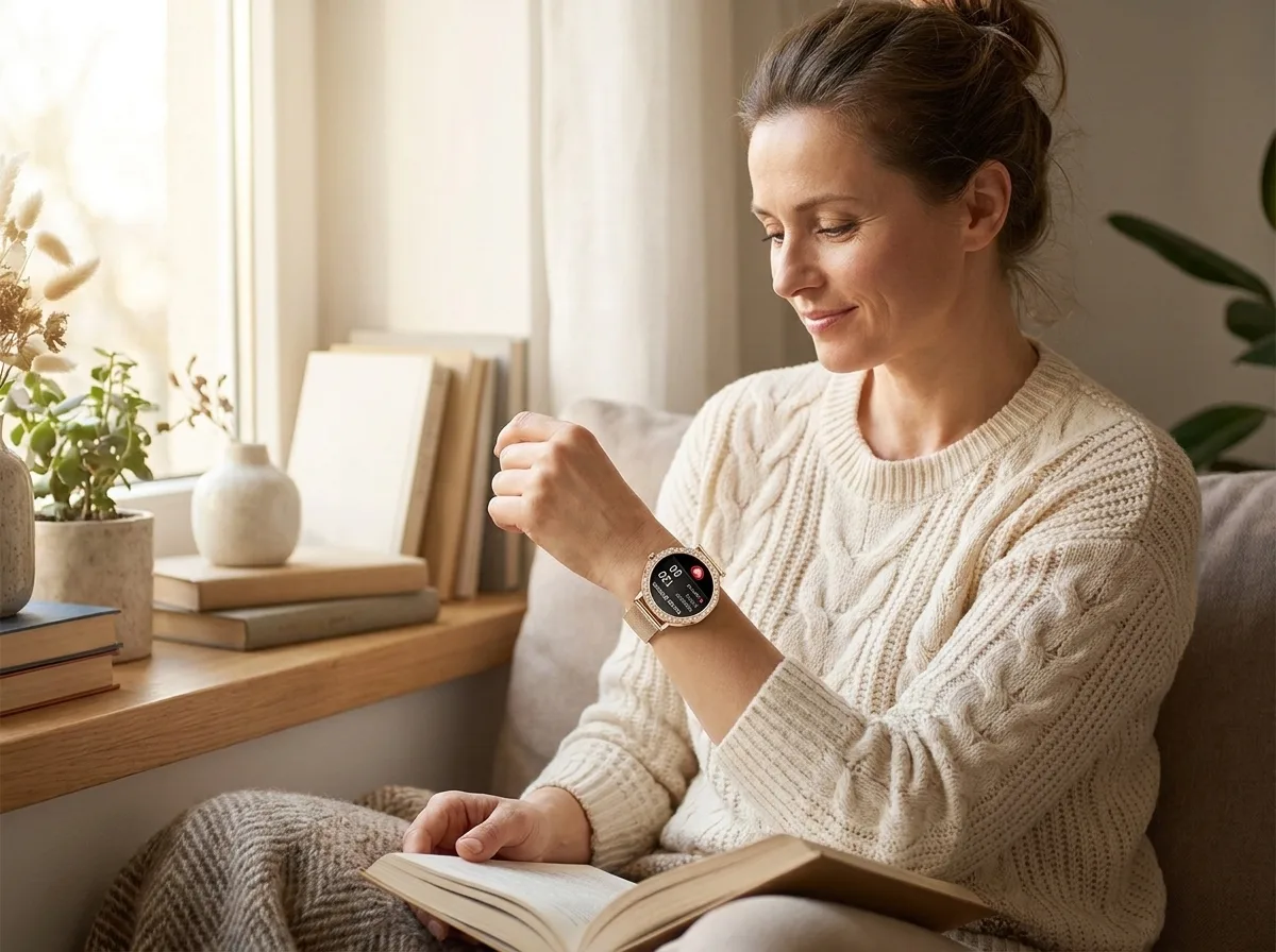 Woman checking blood pressure on REXQU AuraSense