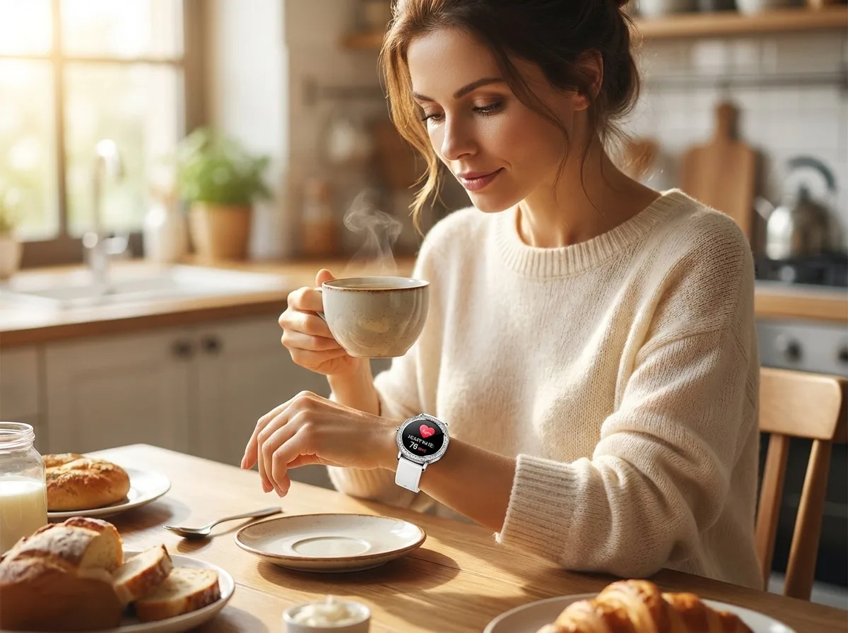 Woman checking heart rate on REXQU AuraSense