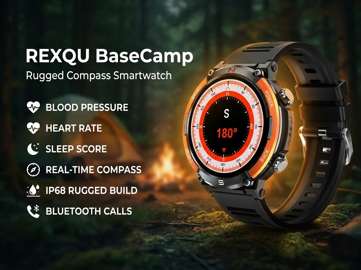 REXQU BaseCamp rugged IP68 outdoor smartwatch with compass