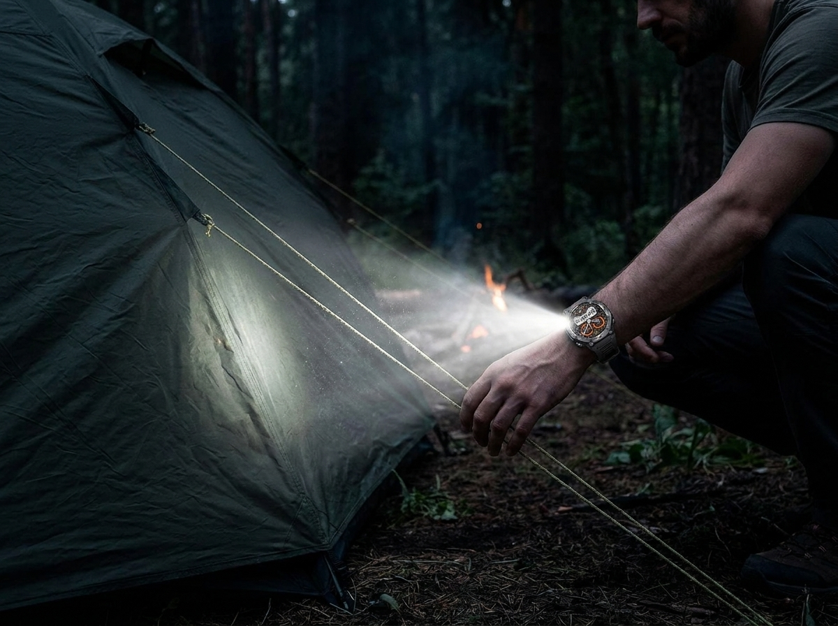 REXQU Beacon Pro flashlight lighting a campsite