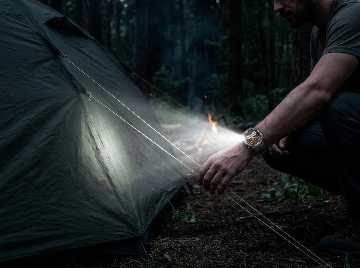 REXQU Beacon Pro flashlight lighting a campsite