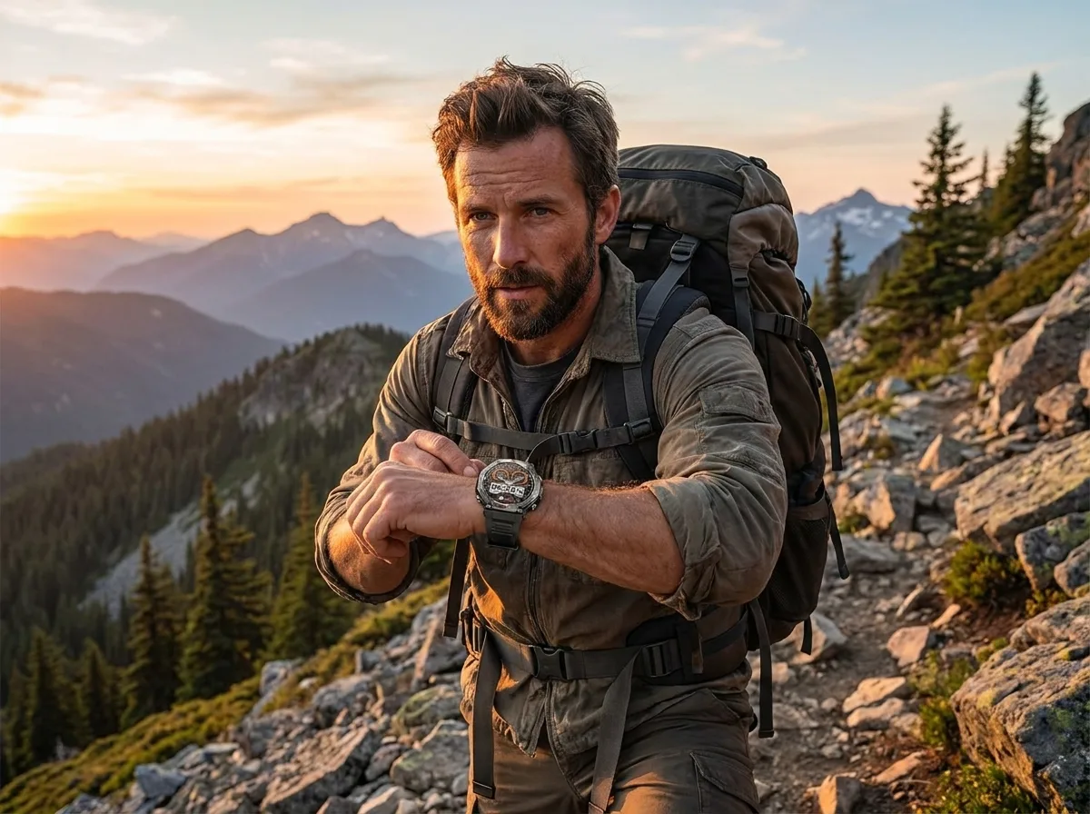 Hiker checking heart rate on REXQU Beacon Pro