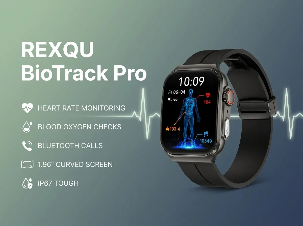REXQU BioTrack Pro health smartwatch — heart rate and blood oxygen on a big 1.96 inch screen