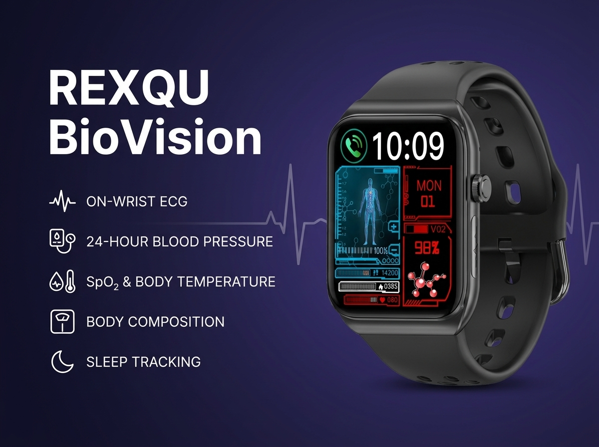 REXQU BioVision health smartwatch — ECG, blood pressure and body composition on a 1.81 inch HD display