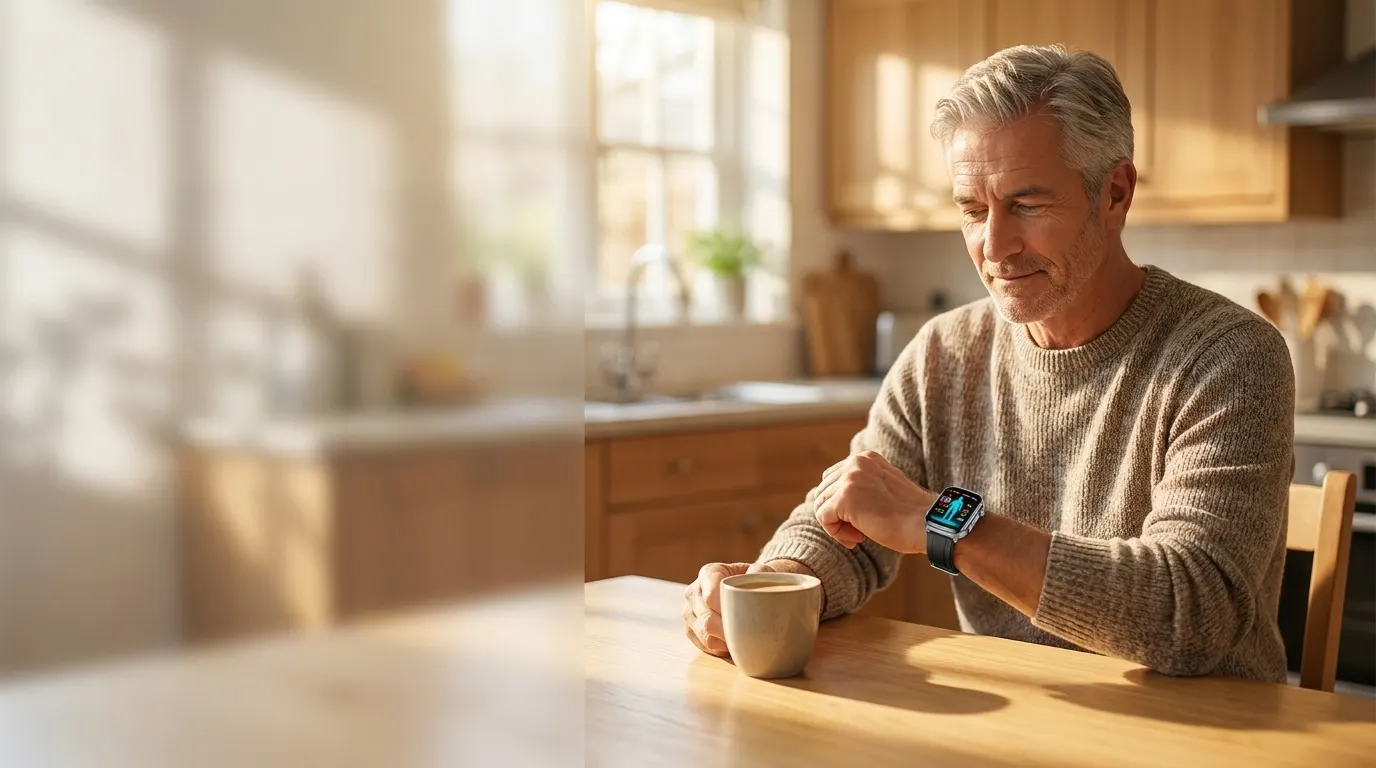 Blood pressure smartwatches — man checking his blood pressure on a smartwatch at the kitchen table in morning light