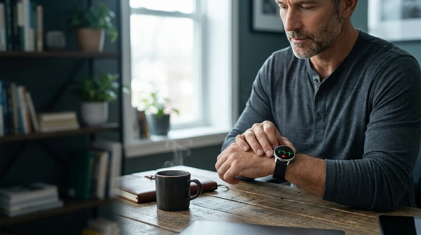 ECG smartwatches — man taking a 30-second ECG on his smartwatch at his desk, fingertips resting on the watch sensor