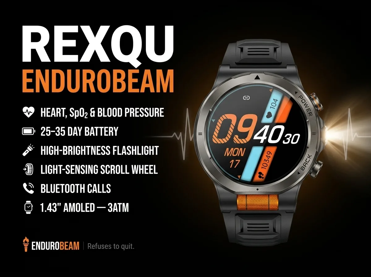 REXQU EnduroBeam outdoor smartwatch — 25–35 day battery, SOS flashlight, scroll wheel, 1.43 inch AMOLED