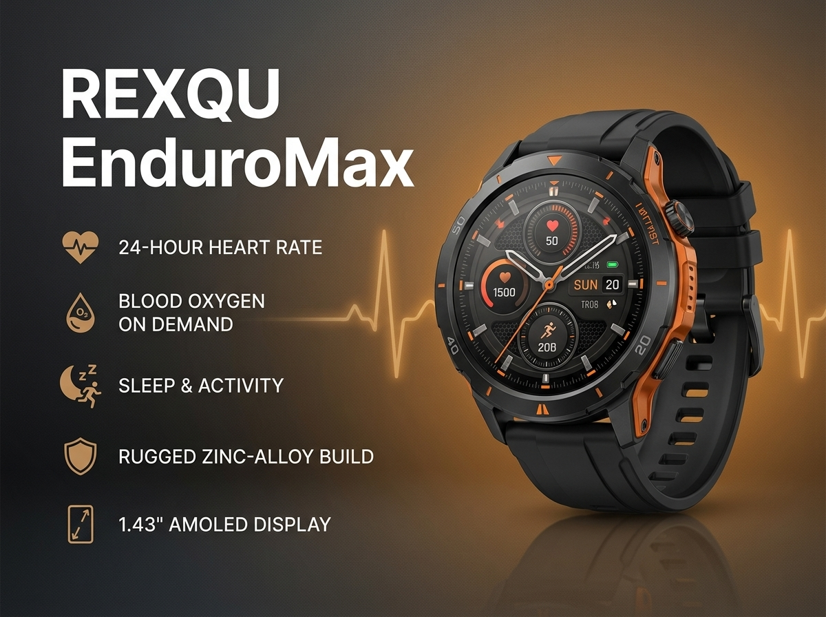 REXQU EnduroMax rugged AMOLED health watch with heart rate and Bluetooth calls