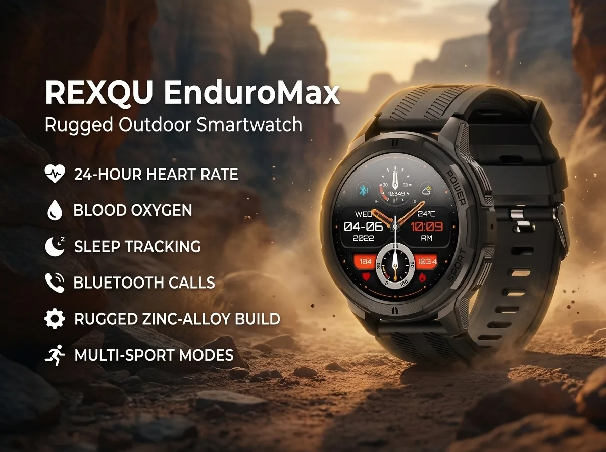 REXQU EnduroMax rugged AMOLED health watch with heart rate and Bluetooth calls