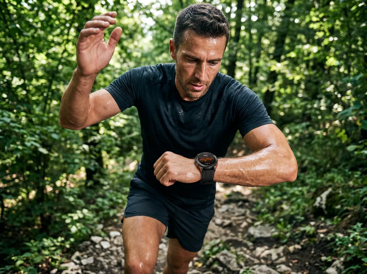 Trail runner checking heart rate on the REXQU EnduroMax