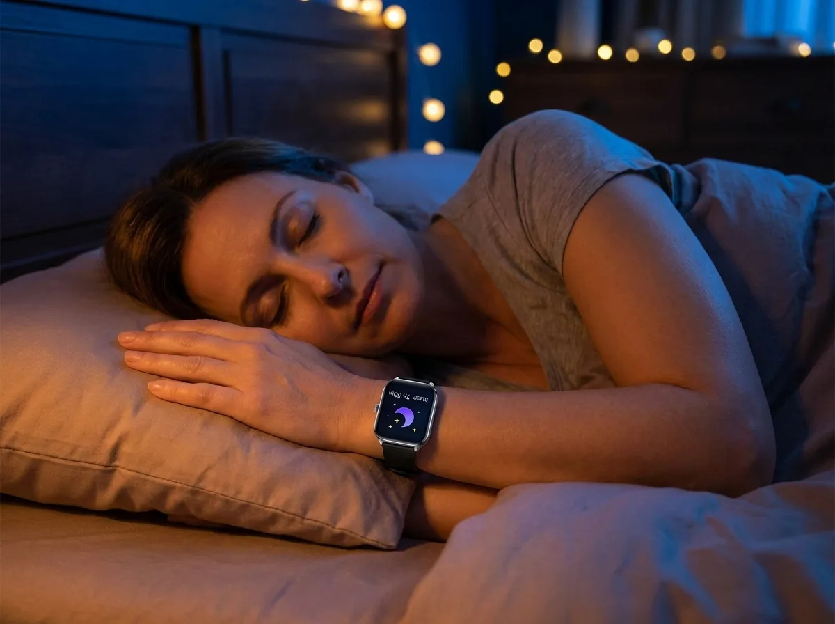 Woman sleeping while the REXQU Equilibrium tracks sleep stages