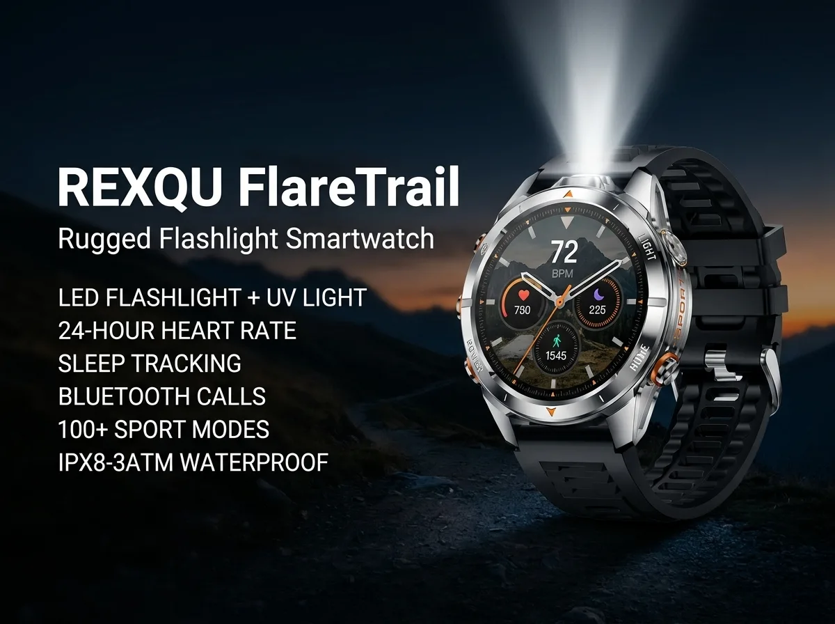 REXQU FlareTrail rugged smartwatch with built-in LED flashlight