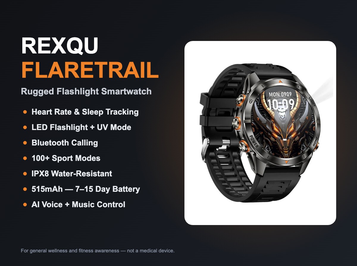 REXQU FlareTrail rugged smartwatch with built-in LED flashlight