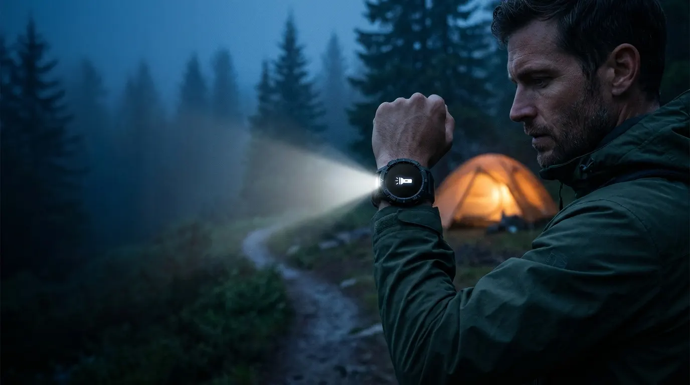 Smartwatches with flashlight — hiker at twilight using the built-in flashlight beam of his rugged smartwatch to light the path