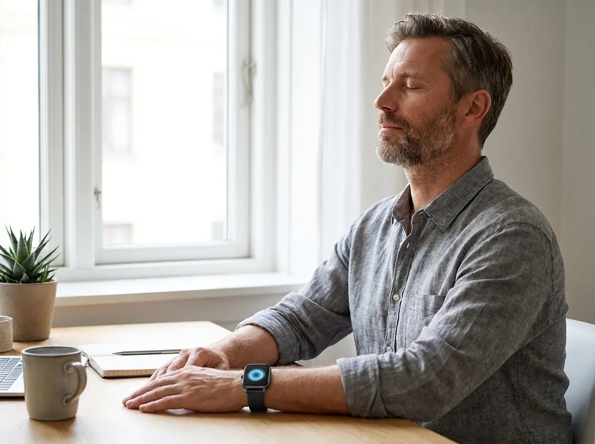 Man doing a guided breathing exercise with the REXQU Flow