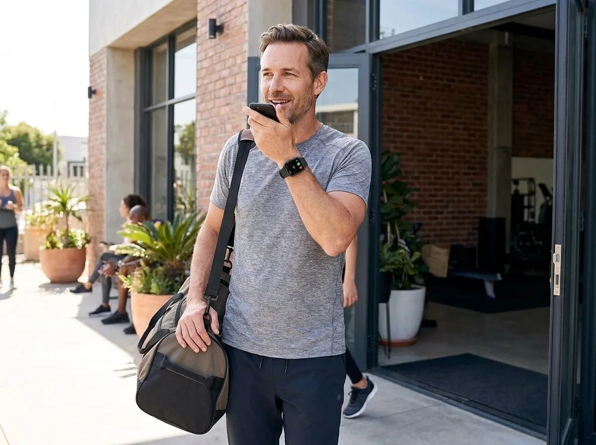 Man taking a Bluetooth call on the REXQU Flow leaving the gym