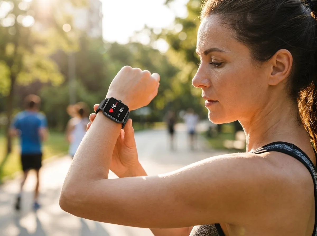 Woman checking heart rate on the REXQU Flow after a jog