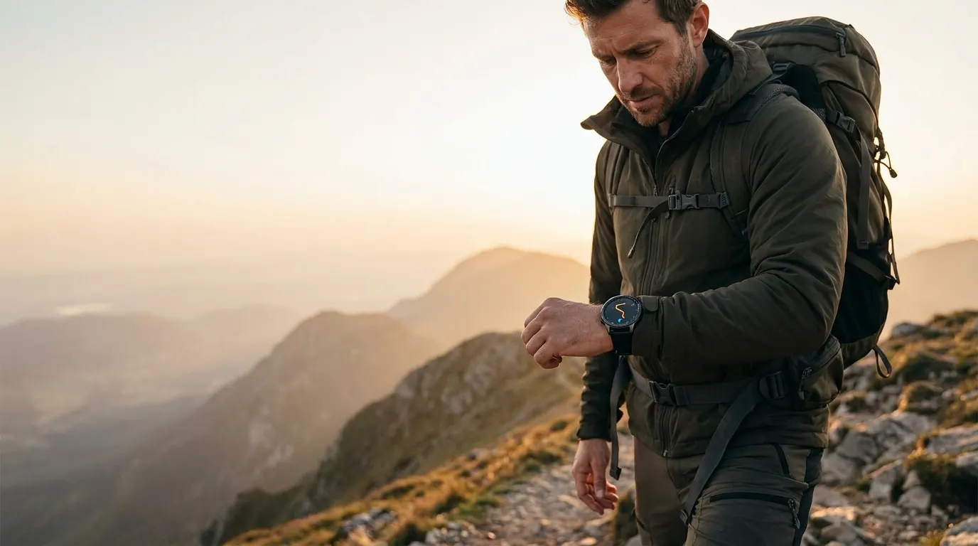 GPS smartwatches — hiker on a mountain ridge at golden hour checking the GPS route map on a rugged smartwatch