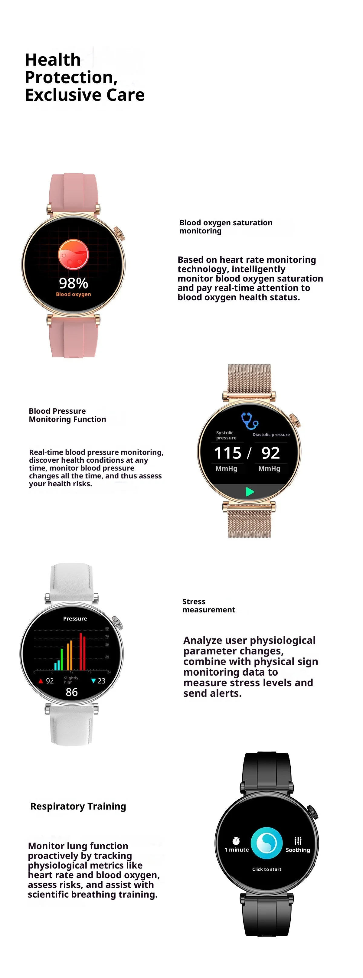 REXQU GraceFit blood oxygen, blood pressure, stress and respiratory monitoring