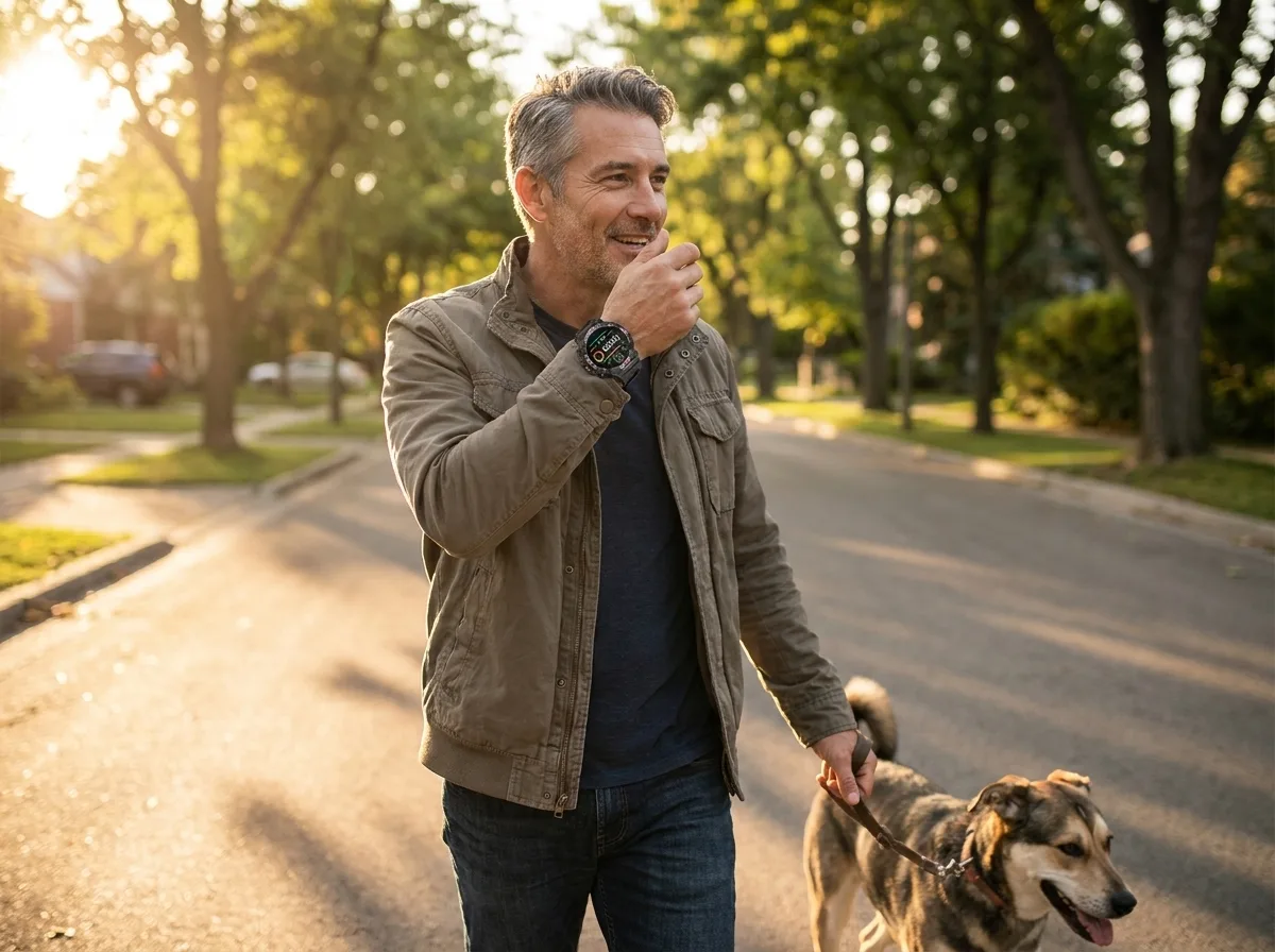 Man taking a Bluetooth call on the REXQU Healout while walking his dog