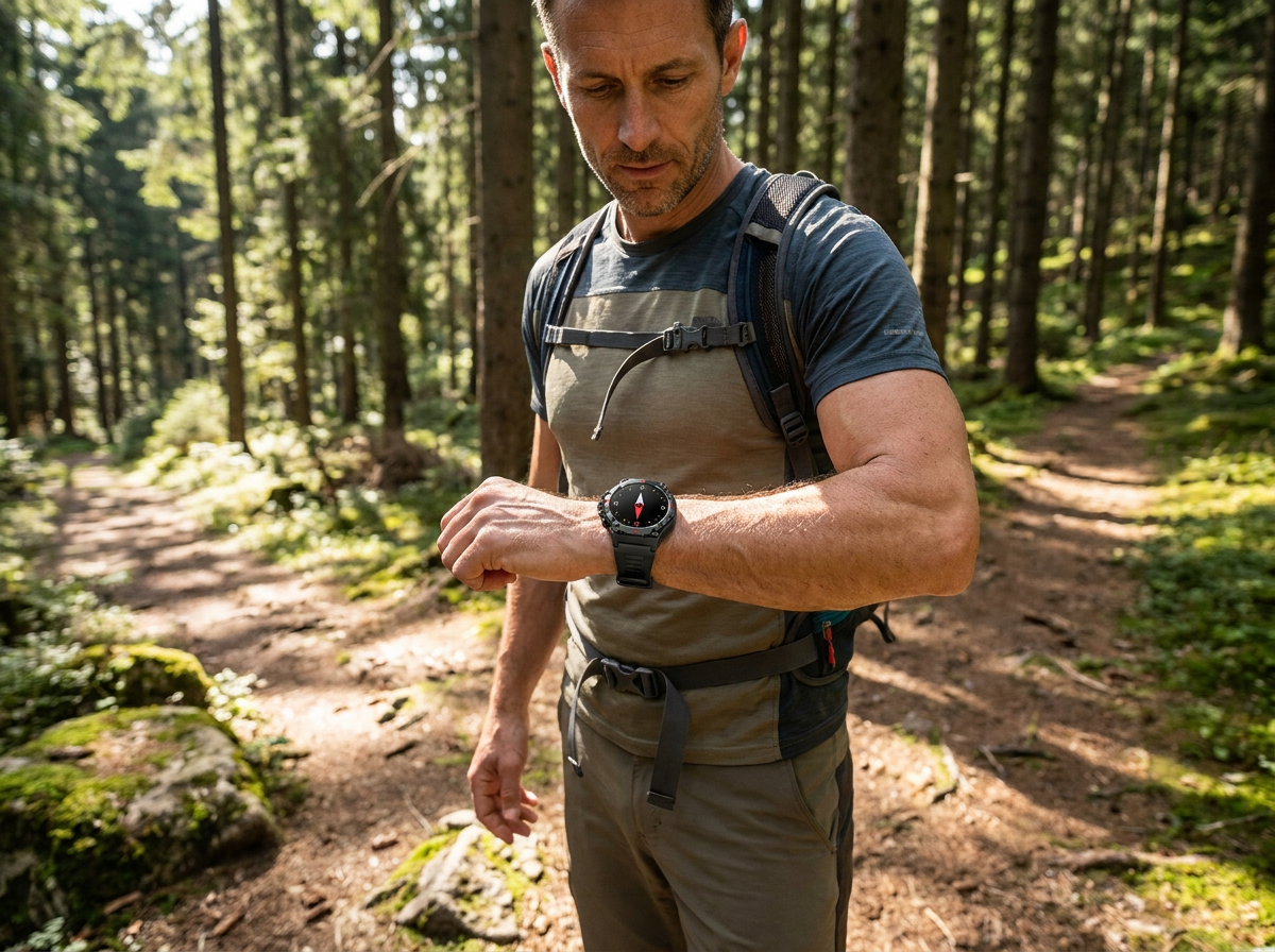 Hiker checking the compass on the REXQU Healout at a trail fork