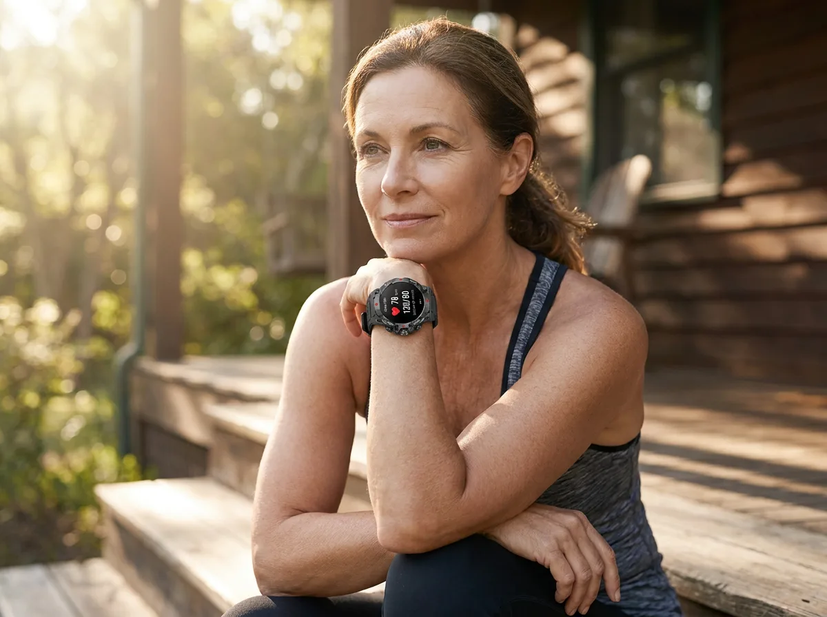 Woman checking heart rate and blood oxygen on the REXQU Healout