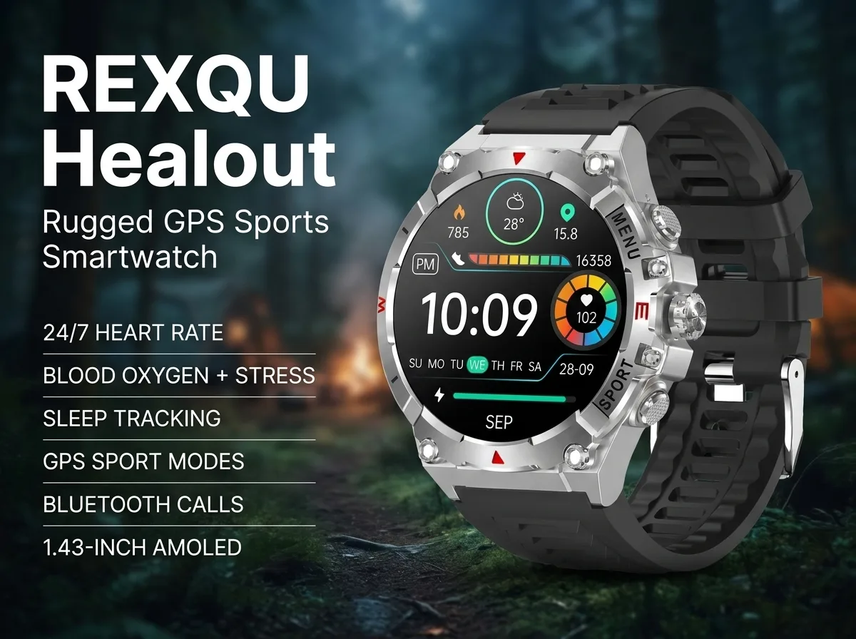 REXQU Healout rugged AMOLED health watch with GPS sports, blood oxygen and Bluetooth calls