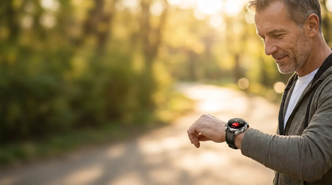 health smartwatches — health smartwatch tracking heart rate on a man's wrist during a morning walk