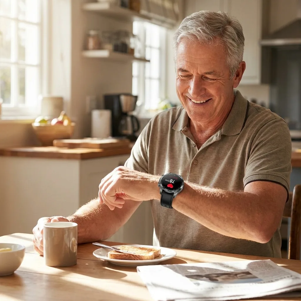 CoreX Pro customer checking his heart rate at breakfast