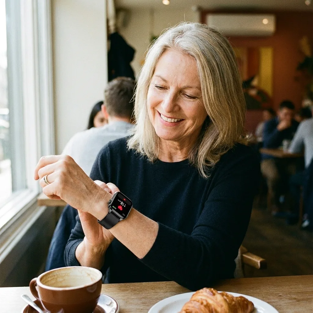 HealthWave customer recording an ECG in a cafe