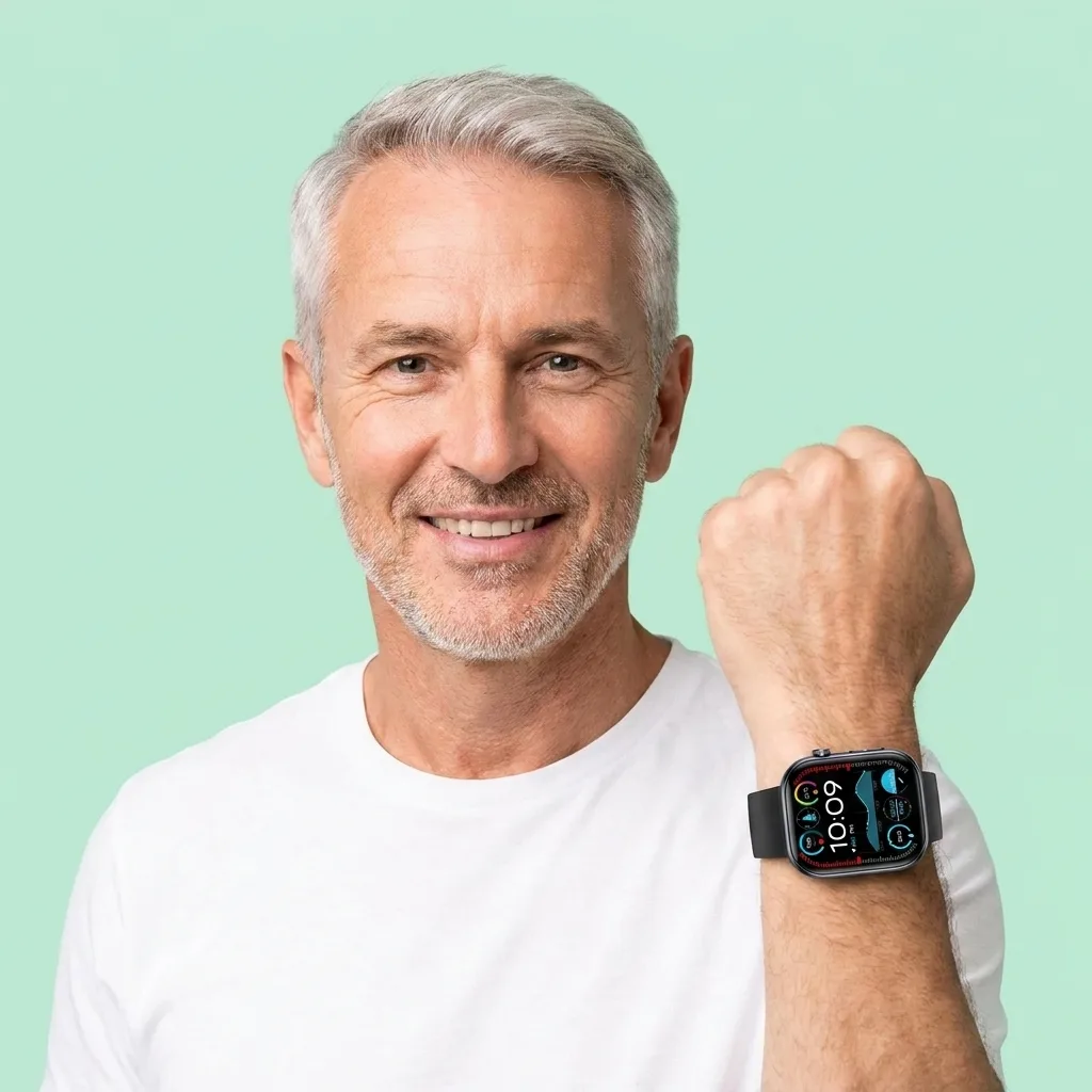 Smiling customer showing the REXQU HealthLink on his wrist