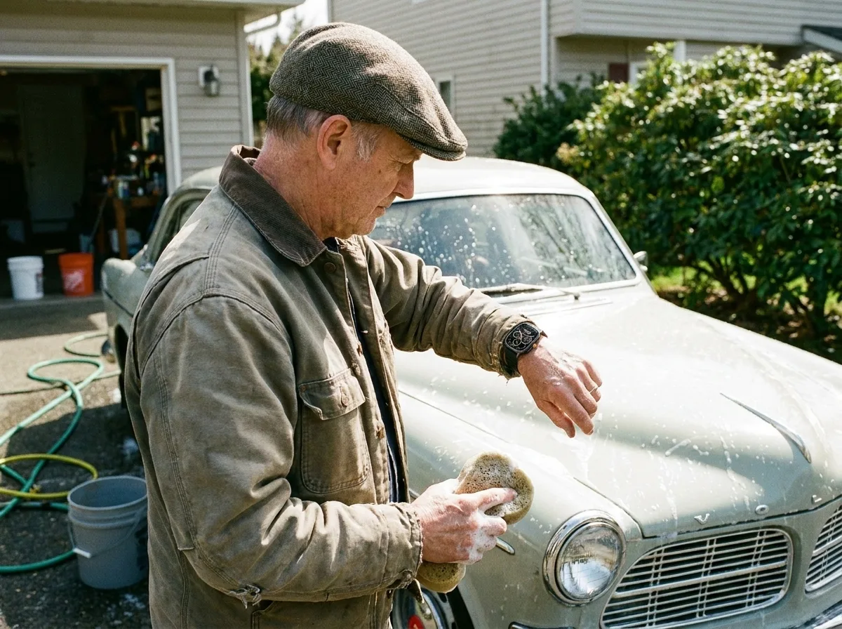 Syntra customer checking his watch while washing his car