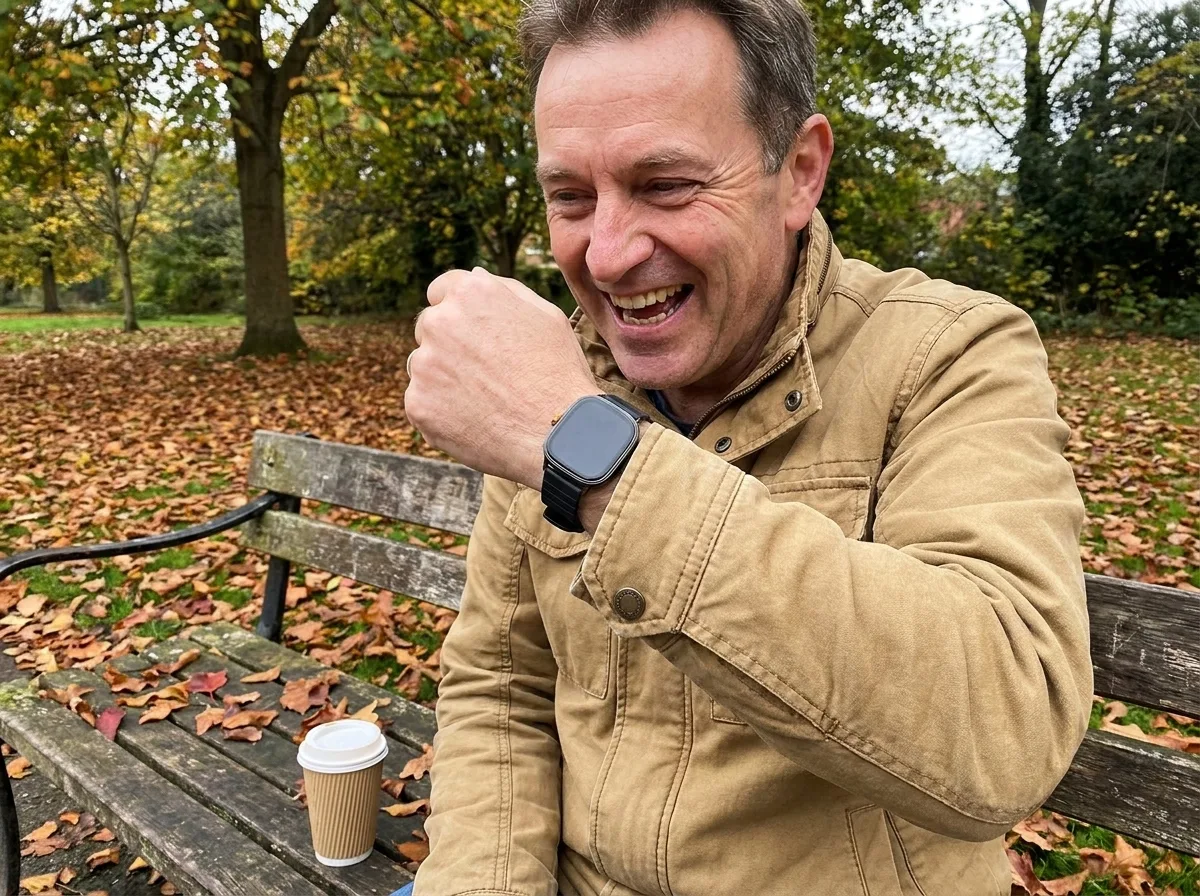 Syntra customer taking a call on his watch in the park