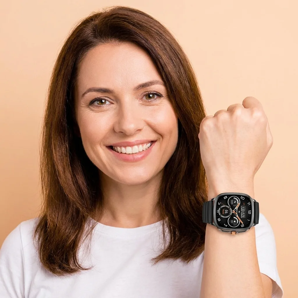 Smiling customer showing the REXQU Syntra on her wrist